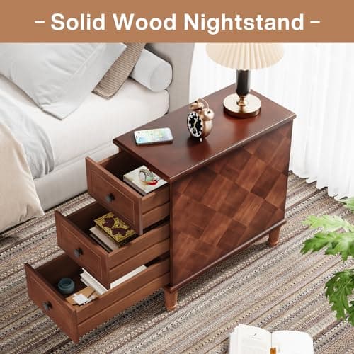 Tribesigns Solid Wood End Table, Fully Assembled Narrow Side Table with Drawers, Pre-Assembled Nightstand Slim Bedside Table for Small Spaces, Living Room, Bedroom, Brown
