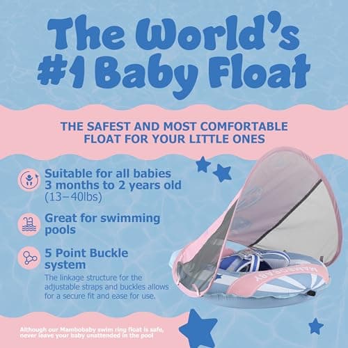 MAMBOBABYFLOAT Light Traveler 2025 — Safe, Comfortable, Adjustable Baby Pool Float with Canopy — Sun Protection, Self-Inflating, 5-Way Buckle System (Hot Air Balloon, Pink)