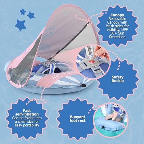 MAMBOBABYFLOAT Light Traveler 2025 — Safe, Comfortable, Adjustable Baby Pool Float with Canopy — Sun Protection, Self-Inflating, 5-Way Buckle System (Hot Air Balloon, Pink)