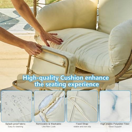 Wicker Egg Chair with Footrest & Cushions - Oversized 450lb Capacity Boho Wicker Egg Chair with Ottoman for Indoor/Outdoor - Beige Rattan Lounge Seat for Patio, Balcony, Garden, Home