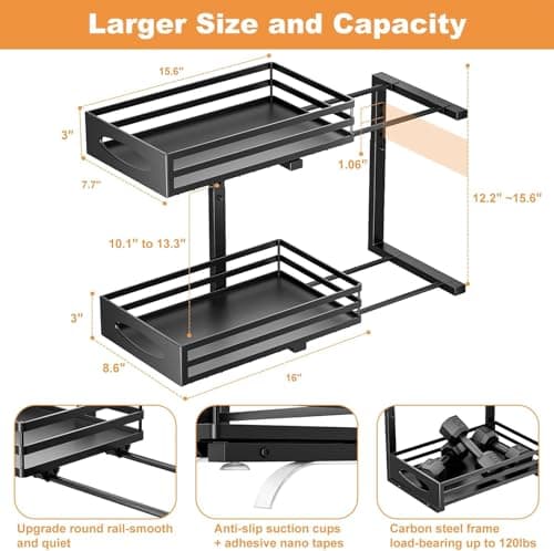 Under Sink Organizer, Pull Out Cabinet Organizers, Slide Sink Steel Shelf Cabinet Storage Shelves, Under Sink Storage for Kitchen Bathroom Cabinet (Black, 2 Pack)