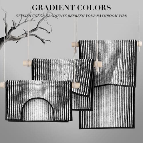 BSICPRO Bathroom Rugs Sets 3 Piece, Toilet Rugs U-Shaped Contour Bath Mat Set, Striped Absorbent Non Slip Chenille Shower Mats for Bathroom, Black