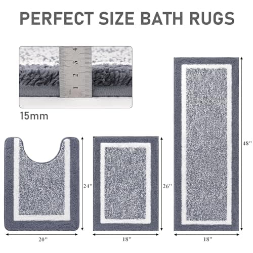 Pauwer Bathroom Rug Mat Set 3 Piece, Microfiber Shaggy Bath Set, Non-Slip Ultra Soft Carpet Mats, Absorbent with U-Shaped Toilet for Bathroom, Tub, Shower, Dark Grey