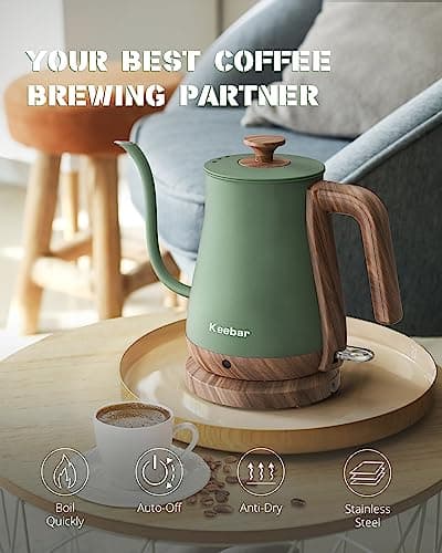 Gooseneck Electric Kettle, Electric Tea Kettle Stainless Steel, Pour over kettle for Coffee, 1000W Hot Water Kettle Electric Auto Shut Off, 0.8L, Wood-like Grain Finish Handle, Matcha Green