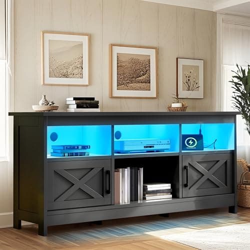 YITAHOME TV Stand for 65 Inch TVs, Entertainment Center with Storage Cabinets, Power Outlet & LED Light, Media Console Living Room Furniture, Black