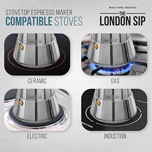 London Sip Stainless Steel Stovetop Espresso Maker Moka Pot Italian Coffee Percolator, Silver, Medium (10.14 oz)