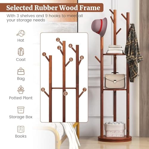 Rotary Coat Rack, Wooden Coat Rack Freestanding with 3 Shelves and 9 Hooks, Coat Tree, Sturdy and Easy Assembly Coat Rack Stand for Entryway,Hallway,Bedroom,Coats,Bags,Hats