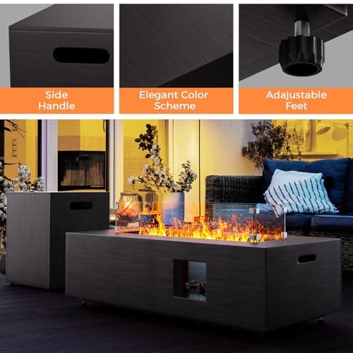 42” Rectangular Fire Pit Tables 2-Piece 50,000 BTU Outdoor Propane Gas Fire Pit with Wind Guard, Waterproof Cover, Lava Rocks for Outside Patio Backyard