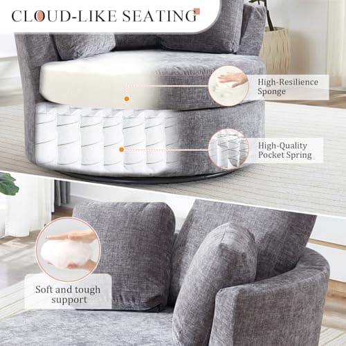 42" W Modern Grey Swivel Barrel Chair with 360° Round Metal Base & Soft Chenille Pillows & Thick Cushion, Comfy Oversized Chaise Longue Indoor Living Room, Bedroom Club Reading Armchair (Gray)