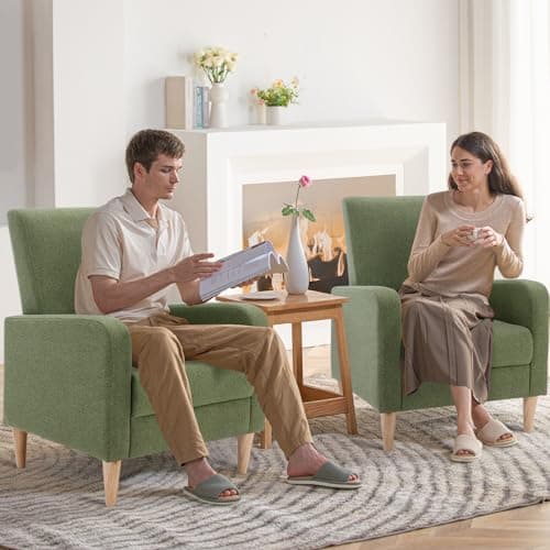 COLAMY Accent Living Room Chairs Set of 2, Upholstered Fabric Arm Chair Reading Side Chair with Back Pillow and Wood Legs, F-Green
