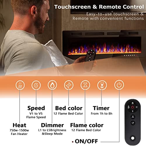 Vitesse 72 inch Ultra-Thin Electric Fireplace in-Wall Recessed and Wall Mounted Fireplace Heater,Linear Fireplace with Multicolor Flame,Timer,Low Noise,750/1500W,Touch Screen & Remote Control(72’’)