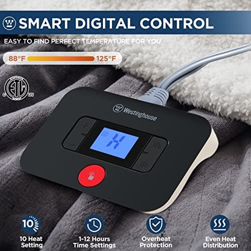 Westinghouse Electric Blanket Twin, Heated Blanket Twin Size with 10 Heating Levels and 1 to 12 Hours Heating Time Settings, Flannel to Sherpa Reversible, Machine Washable (62" x 84", Charcoal)