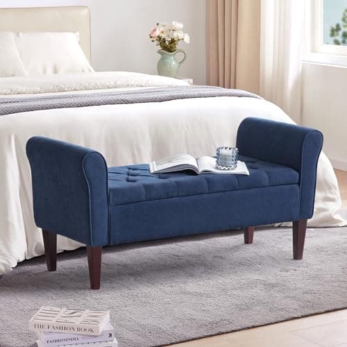HUIMO 50.4" Arm Storage Bench with 7.5-inch Solid Wood Legs, Button-Tufted Storage Ottoman, Upholstered Window Sitting Bench for Bedroom,End of Bed Bench Indoor, Living Room, Entryway (Blue)