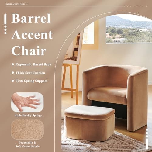 COLAMY Upholstered Velvet Barrel Accent Chair with Storage Ottoman, Morden Living Room Chair with Lounge Seat for Bedroom/Reading Spaces, Khaki