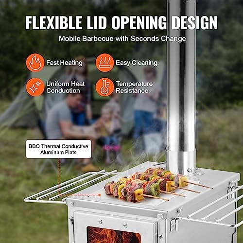 VEVOR Camping Wood Stove Stainless Steel Camping Tent Stove, Portable Wood Burning Stove with Chimney Pipes & Gloves, 700in³Firebox Hot Tent Stove for Outdoor Cooking and Heating with 8 Pipes