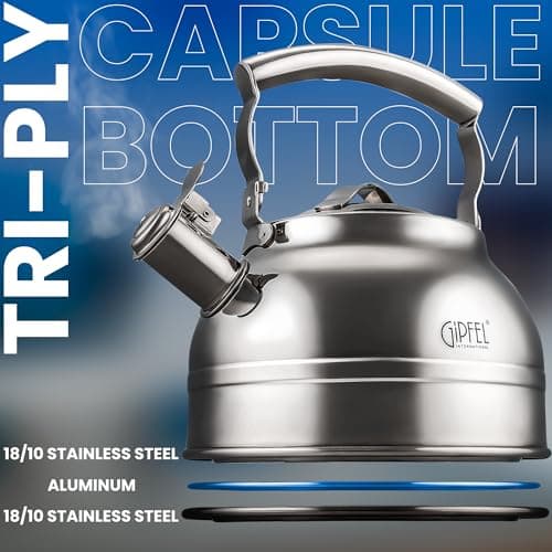 Whistling Tea Kettle Stovetop - Food Grade Stainless Steel Teapot for Stove Top with Ergonomic Handle for Gas, Induction, Electric Stovetops 2.3 Quart