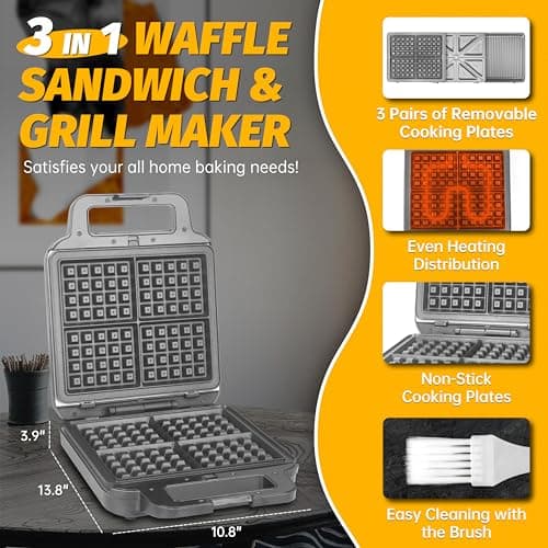 Belgian Waffle Maker with Removable Plates, Waflera Electrica, Large Waffle Iron, 3 in 1 Panini Grill Press Breakfast Sandwich Maker, Electric Griddle, Grilled Cheese Maker, Breakfast Station