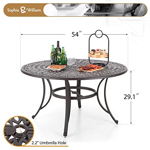 Sophia & William Outdoor Dining Table 6-Person Round Cast Aluminium, Patio Bistro Table with 2.2" Umbrella Hole for Porch Backyard, Bronze