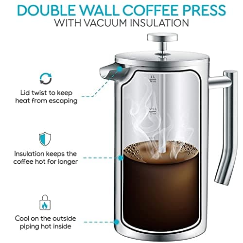 Belwares French Press Coffee Maker 50 Oz – Insulated Coffee Press Stainless Steel 304 Large – Double Wall, & 4 Level Filtration System (1.5 Liter) – Silver