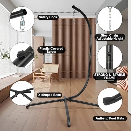Hammock Swing Stand, C-Stand for Hanging Hammock Chairs with Buckle and Spring Hook, 400 Pound Capacity, Steel Stand Only, Outdoor Indoor Bedroom Patio Garden Balcony - Black