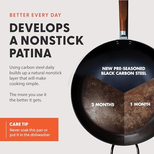 GreenPan Carbon Steel Wok 14”, Flat Bottom, Durable Stir-Fry Pan, Pre-Seasoned Nonstick Patina, High Heat Retention, Induction, Ash Wood Handle, Kyoto, Black