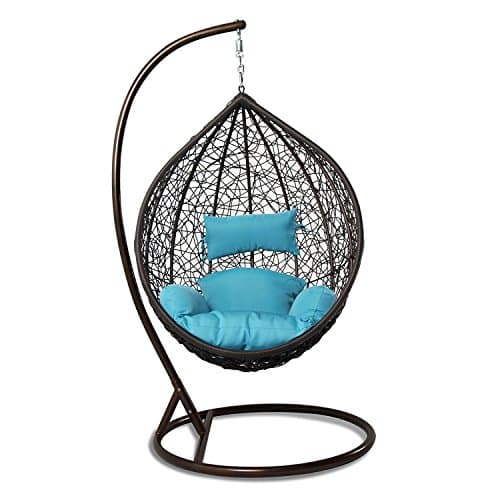 Island Gale Hanging Basket Chair Outdoor Front Porch Furniture with Stand and Cushion (Brown Wicker, Turquoise Cushion)