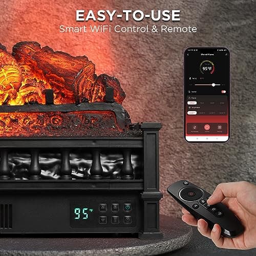 TURBRO Eternal Flame 26 in. WiFi Infrared Quartz Electric Fireplace Log Heater with Sound Crackling, Realistic Pinewood Logs, Adjustable Flame Colors, Remote Control, Thermostat, Timer, 1500W Black