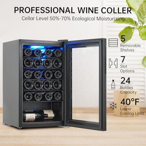 Garvee Wine Fridge 24 Bottle, Wine Cooler Refrigerator with 40~61°F Digital Temperature Control, Freestanding Wine Cellar for Red White Wine, Champagne, Beer with Blue Interior Light (24 Bottles)