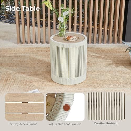 CHITA 3 Pieces Boho Patio Rattan Bistro Set, Outdoor Wicker Furniture Swivel Chairs & Side Table Set with 2 Arm Pillows, Acacia Wood Frame, Fully Assembled(Cream)