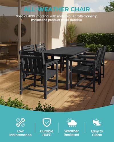 HDPE Outdoor Dining Set, 7 Piece Patio Table and Chairs Set with 2" Umbrella Hole, All Weather Patio Furniture for 6 Person in Garden, Backyard, Deck | Matte Black