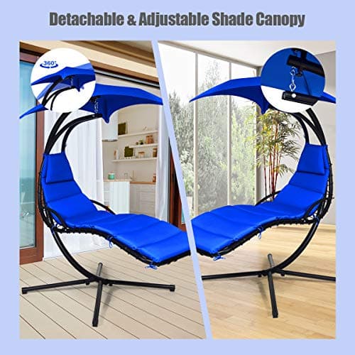 S AFSTAR Hammock Chair with Stand, Hanging Chaise Chair with Removable Canopy & Built-in Pillow, Hanging Curved Chaise Lounge Chair Swing for Porch Patio Poolside (Navy)