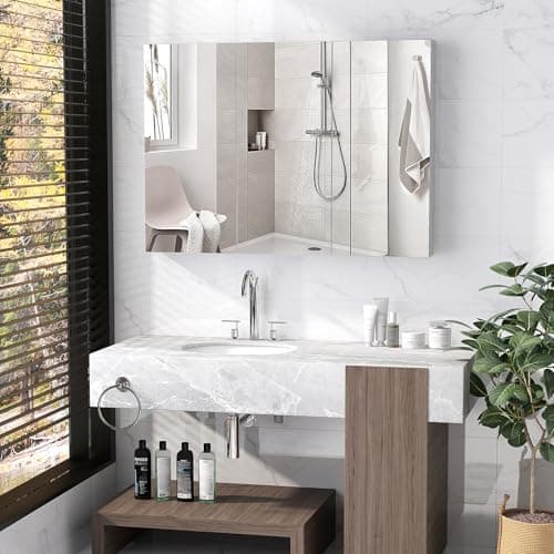 GOFLAME Medicine Cabinet with Mirror, Frameless Bathroom Wall Mounted Mirror Cabinet with 3 Doors and Adjustable Shelves, Bathroom Mirror with Storage, Recess or Surface Mount Installation