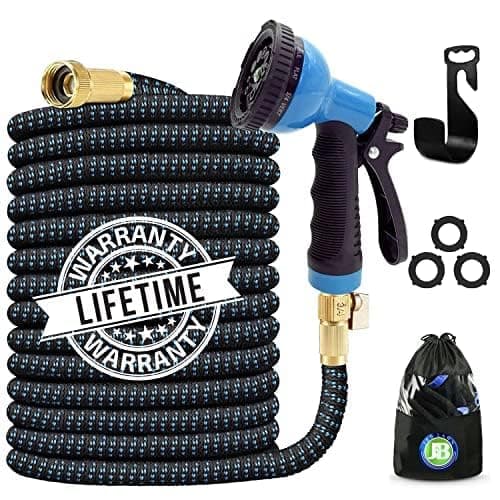 J&B XpandaHose 75ft Expandable Garden Hose with Holder - Heavy Duty Superior Strength 3750D - 4 -Layer Latex Core - Extra Strong Brass Connectors and 10 Spray Nozzle w/Storage Bag (Blue 75)