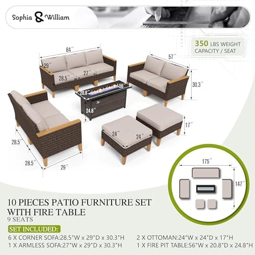 Sophia & William Patio Furniture Set with 56" Fire Pit Table, 10PCS Outdoor Wicker Sectional Conversation Set with 3-Seater Sofa, 2-Seater Couch, 2 Ottoman & FirePit Table(Beige)