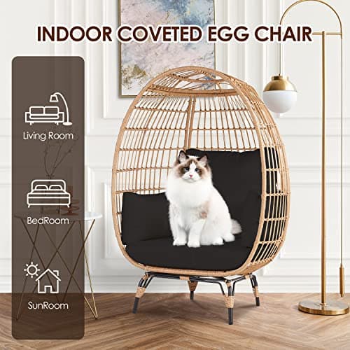 Oversized Wicker Egg Chair Set of 2, Outdoor Indoor Lounger with 4 Cushions, 440lb Capacity, Egg Basket Chair for Living Room, Backyard, Balcony, Patio, Black