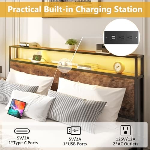 Lifezone Queen Bed Frame with 2-Tier Storage Headboard, Metal Platform Bed Frame with 4 Storage Drawers, Built in Charging Station & LED, Noise-Free/Metal Support/No Box Spring Needed, Vintage Brown