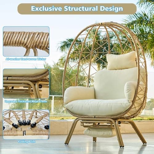 Wicker Egg Chair with Footrest & Cushions - Oversized 450lb Capacity Boho Wicker Egg Chair with Ottoman for Indoor/Outdoor - Beige Rattan Lounge Seat for Patio, Balcony, Garden, Home