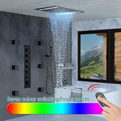 HOMEDEC LED Multi Functions Full Body Shower System with 6pcs Body Jets Spray with（Up/Down ）Shower Spout, Large 3 In 1 Functions 14x20inch Showerhead, Rainfall Mist Shower Faucet Set Complete, Black