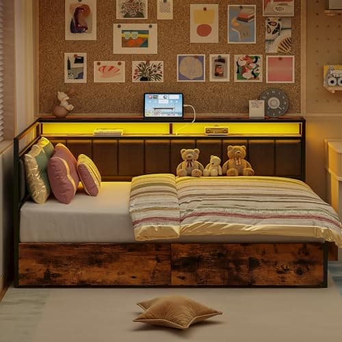 LIKIMIO Corner Bed Frame Twin Daybed with Storage Drawers, Metal Platform Bed Frame with LED Light, Charging Station & Fabric Upholstered Fence, Black