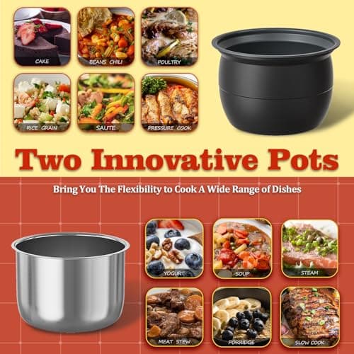 Fullwill Electric Pressure Cooker 6QT Dual Pots, 12 in 1 MultiFunction Cooker with 304 Stainless Steel & Ceramic Pots, Pressure Cook, Soup, Porridge, Yogurt, Meat Stew, Rice, Poultry, Beans and More