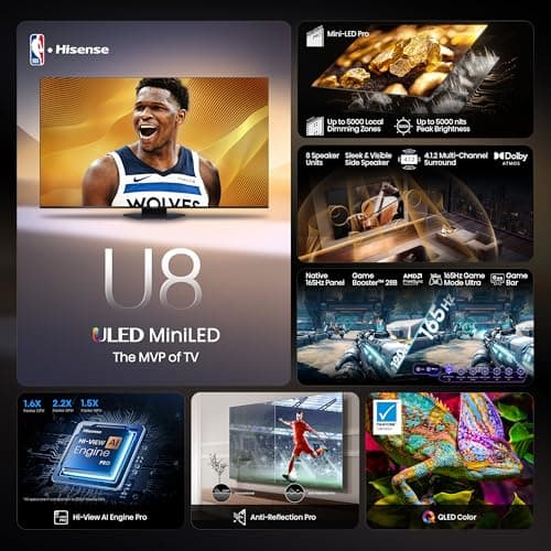 Hisense 75" Class U8 Mini-LED ULED 4K UHD Google Smart TV (75U8QG, 2025 Model) - QLED, Native 165Hz, VRR 288, Up to LD5600, 5000 Nits, HDR10+, Dolby Vision IQ · Atmos, IMAX Enhanced, 4.1.2 Ch Audio