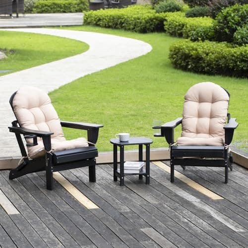 nalone Folding Adirondack Chairs Set of 2 with Cushions and Cup Holder, HDPE Plastic Oversized Patio Chair Weather Resistant, Used in Outdoor, Fire Pit, Deck, Garden, Campfire Chairs (Black)