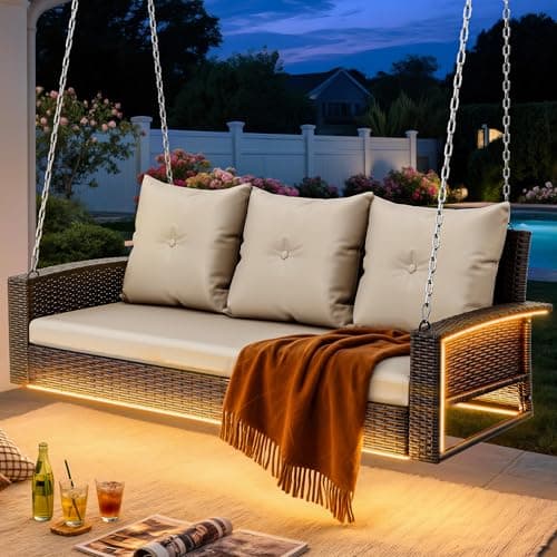 YITAHOME 3 Seats Patio Porch Swing, Outdoor Wicker Hanging Bench Rattan Chair Seat with LED Lights & Soft Cushions for Outside, Garden, Backyard, Lawn, Light Brown & Beige
