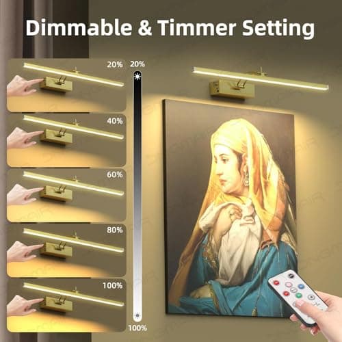 4 Pack Picture Lights for Wall, 16in Art Lighting for Paintings Cordless, 5200mAh Rechargeable Battery Operated Picture Light with Remote Dimmable and Timer for Artwork, Gallery, Frame, Display, Gold