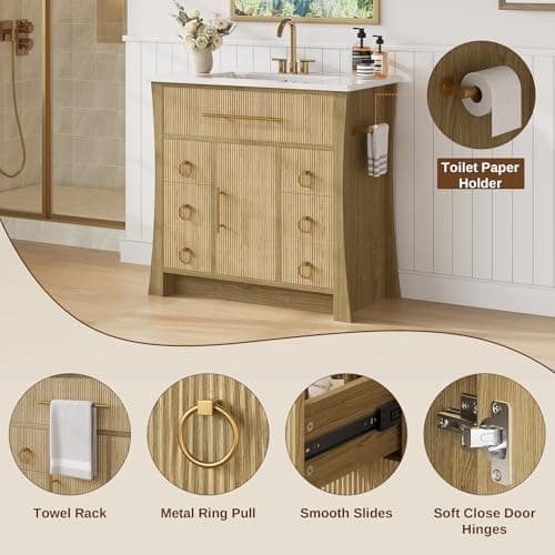 IRONCK 36" Bathroom Vanity with Sink, Freestanding Bathroom Sink Cabinet with 4 Drawers & 1 Flip-Down Drawer, Wood Grain Texture, Metal Handle, Farmhouse
