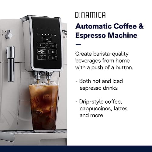 De'Longhi Dinamica Espresso Machine, White - Automatic Bean-to-Cup Brewing, Built-In Steel Burr Grinder & Manual Frother - One-Touch Hot & Iced Coffee - Easy Cleanup