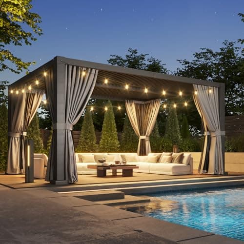 Aoxun Louvered Pergola 12' x 16' Outdoor Aluminum Pergola Adjustable Roof, with Waterproof Curtains and Nets, for Decks, Gardens, Gray