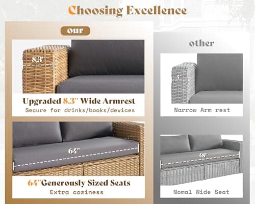 AMERLIFE 6-Piece Patio Sofa Set with Convertible Coffee Table - 8.3" Wide Armrests, UV-Resistant PE Rattan Outdoor Conversation Set for Balcony/Poolside, Waterproof Grey Cushions, Heavy-Duty Wicker