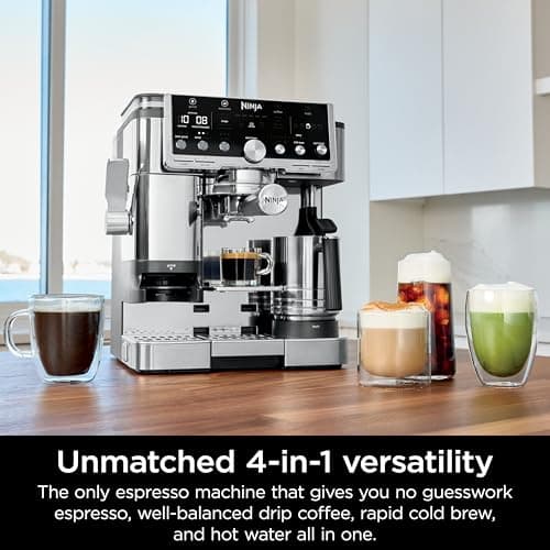 Ninja Luxe Café Pro Series, Espresso Machine, Drip Coffee, Cold Brew, Hot Water, Integrated Tamper, Built-in Grinder, Hands-Free Frother for Cappuccinos, Lattes, Americanos, Dairy or Non-Dairy, ES701