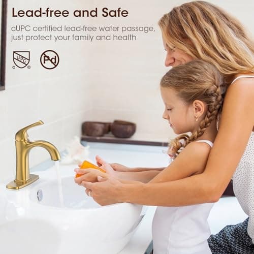 Brushed Gold Single Hole Bathroom Faucets, Single Handle Brass Bathroom Sink Faucet for 1 or 3 Holes, Vanity Faucet with Pop Up Drain and Supply Lines, Deck Plate